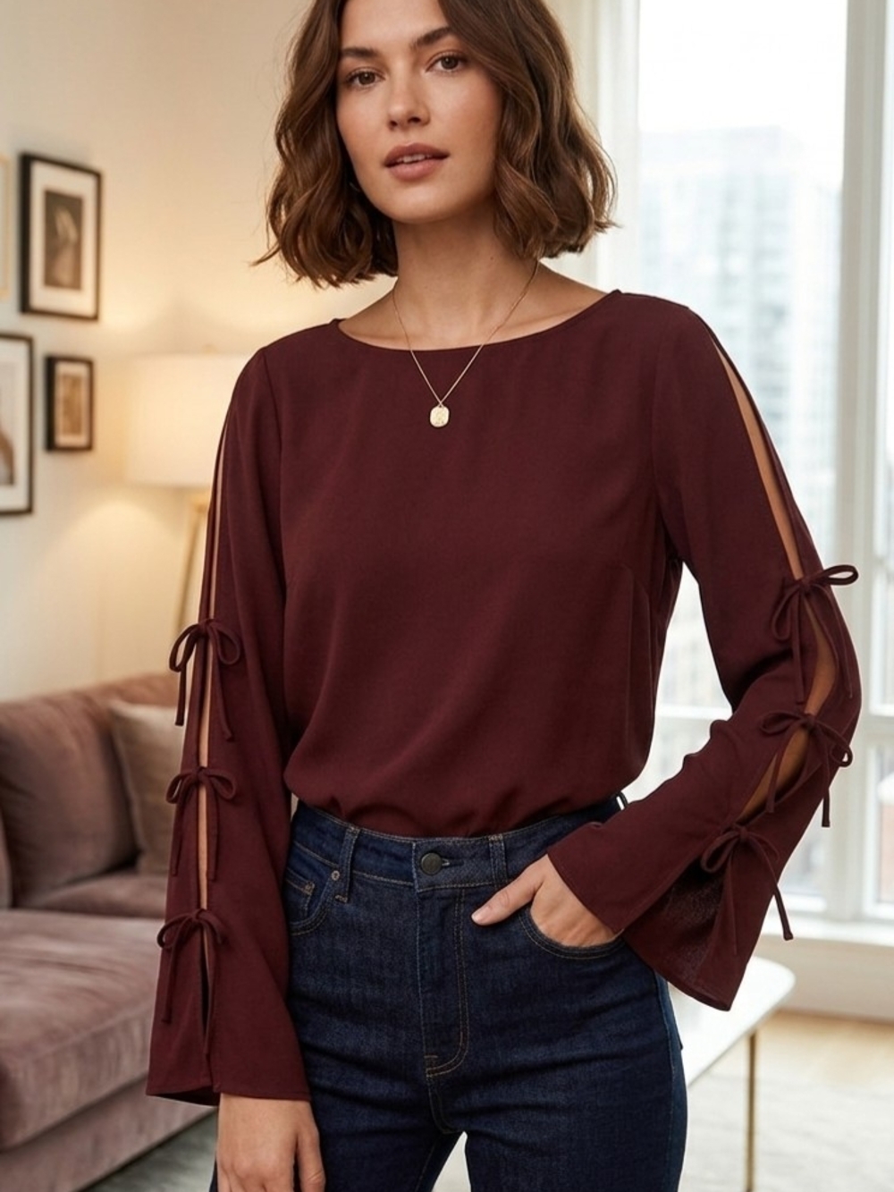 Wilfred Burgundy Tie-Sleeve Blouse